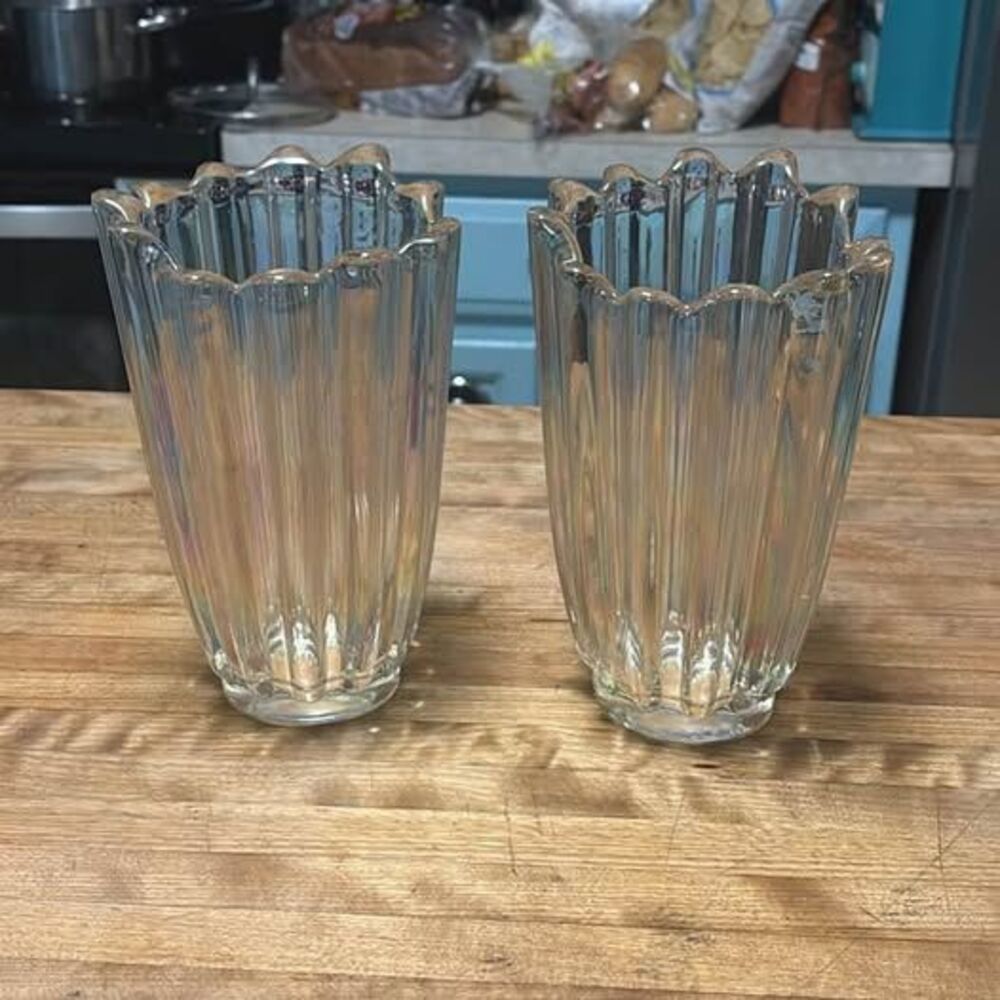Pair of “Celestial” Iridescent Ribbed Glass Vases